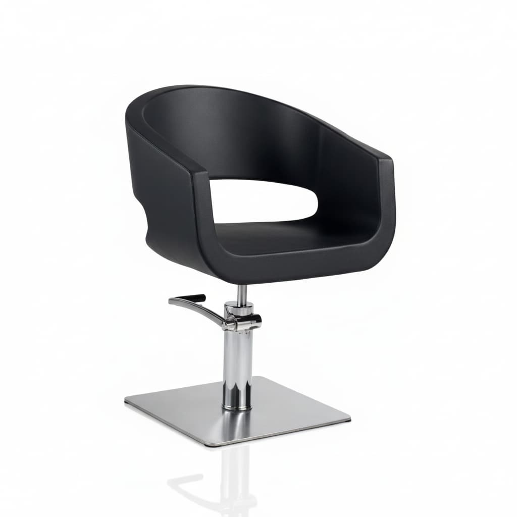 HAIR STYLO Friseursessel: Minimalistisches Design mit großen abgerundeten Rücken- und Sitzteilen aus Polyurethanschaum und schwarzem Sky Eco-Leder (Quadratische Basis)
