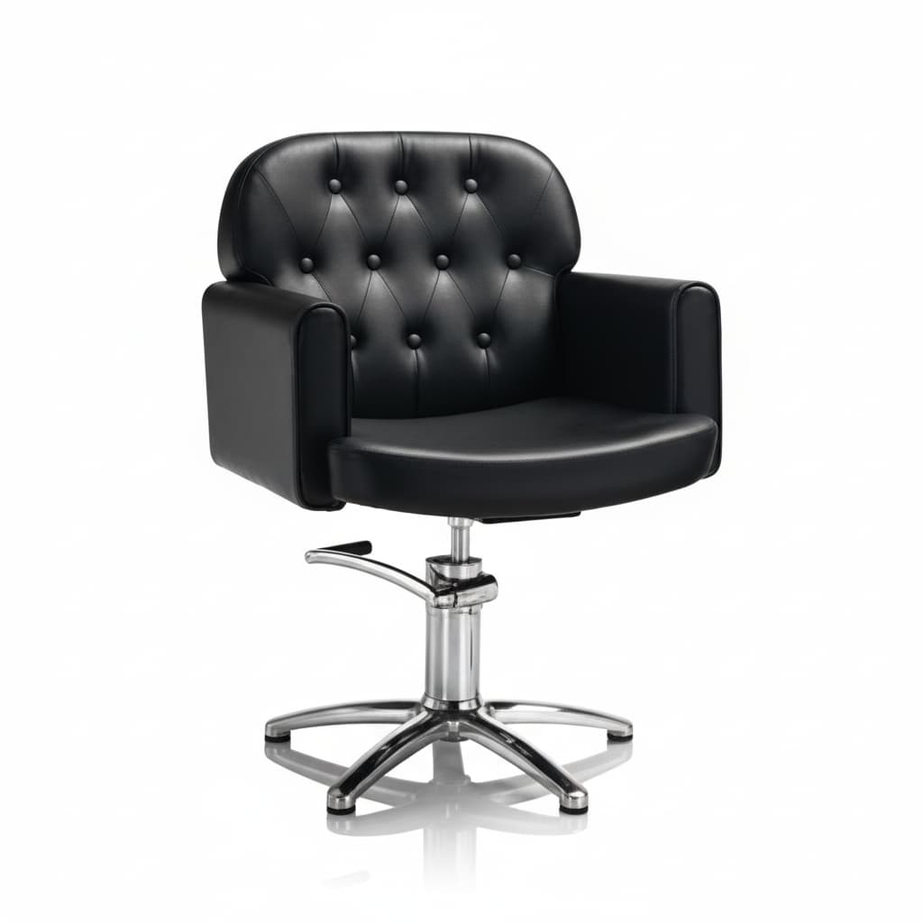 HAIR LIBERTY Friseursessel mit Noppensteppung, Schaltknöpfen und schwarzem Sky Eco-Leder, Design, das Kundenkomfort sichert (Sternförmige Basis)
