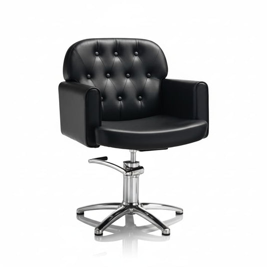 HAIR LIBERTY Friseursessel mit Noppensteppung, Schaltknöpfen und schwarzem Sky Eco-Leder, Design, das Kundenkomfort sichert (Sternförmige Basis)
