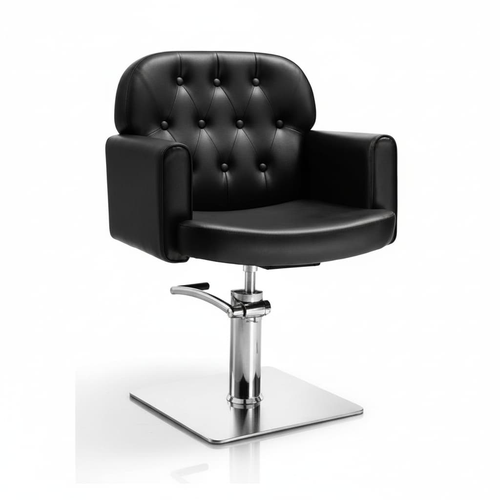 HAIR LIBERTY Friseursessel mit Noppensteppung, Schaltknöpfen und schwarzem Sky Eco-Leder, Design, das Kundenkomfort sichert (Quadratische Basis)
