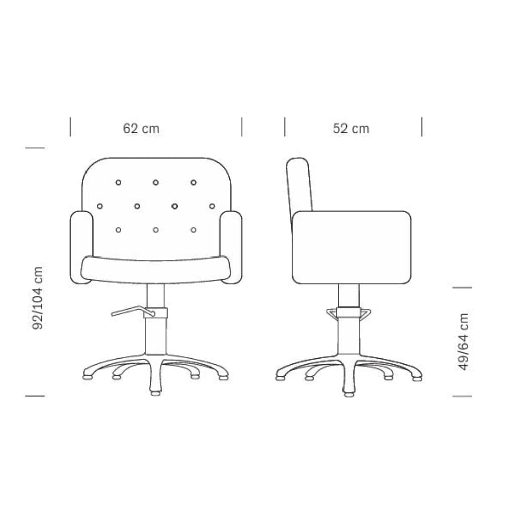 Maße des HAIR LIBERTY Friseursessels: 62 x 52 x 92/104 h cm (max)
