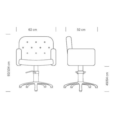 Maße des HAIR LIBERTY Friseursessels: 62 x 52 x 92/104 h cm (max)
