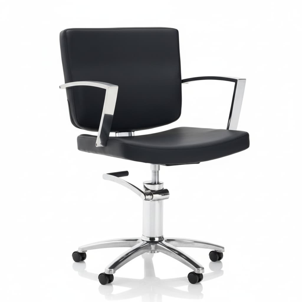 HAIR ALPHA Friseursessel: Modernes Design, das Kundenkomfort sichert, mit verchromtem Rahmen und schwarzem Sky Eco-Leder (Sternförmige Basis)
