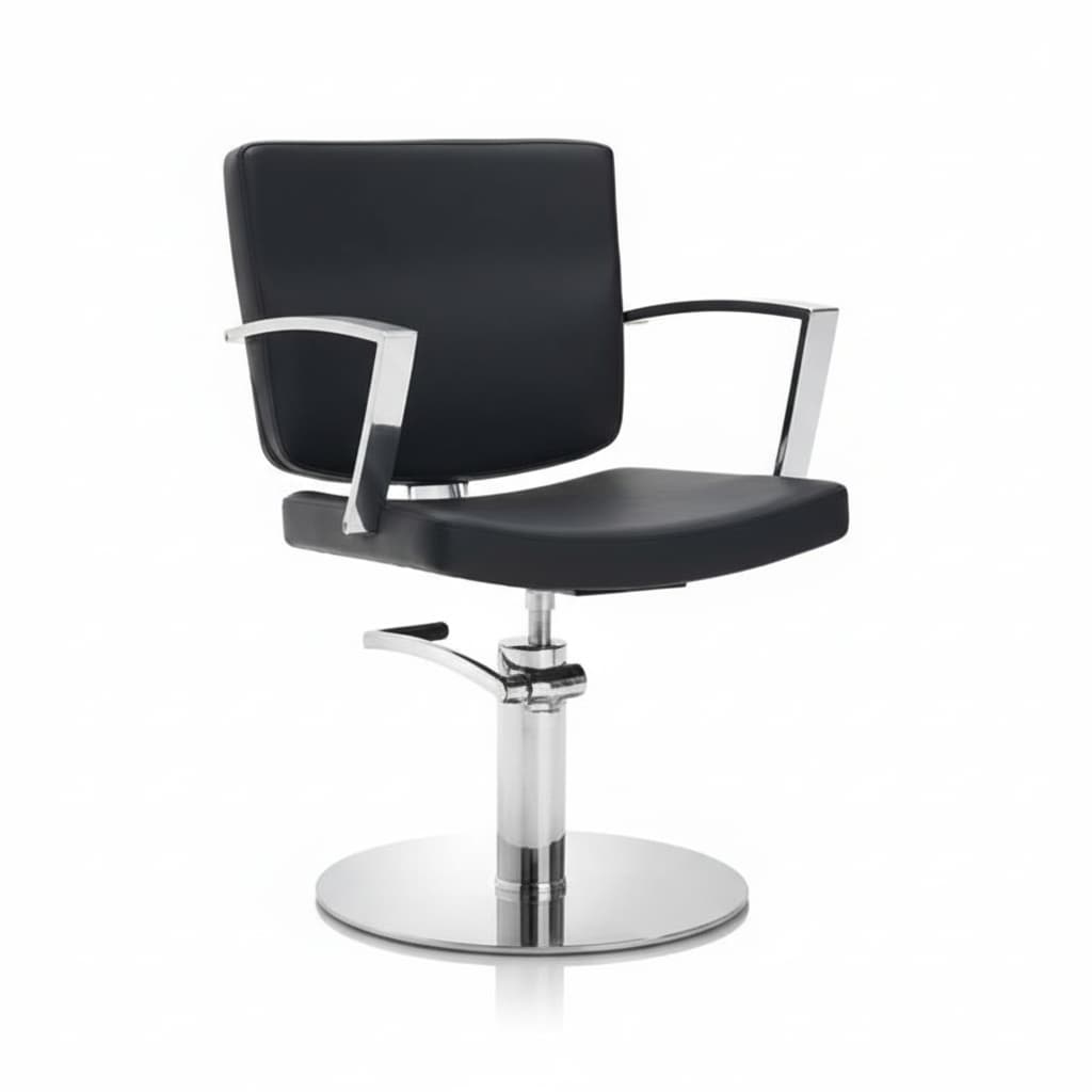 HAIR ALPHA Friseursessel: Modernes Design, das Kundenkomfort sichert, mit verchromtem Rahmen und schwarzem Sky Eco-Leder (Runde Basis)

