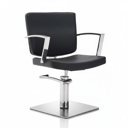 HAIR ALPHA Friseursessel: Modernes Design, das Kundenkomfort sichert, mit verchromtem Rahmen und schwarzem Sky Eco-Leder (Quadratische Basis)
