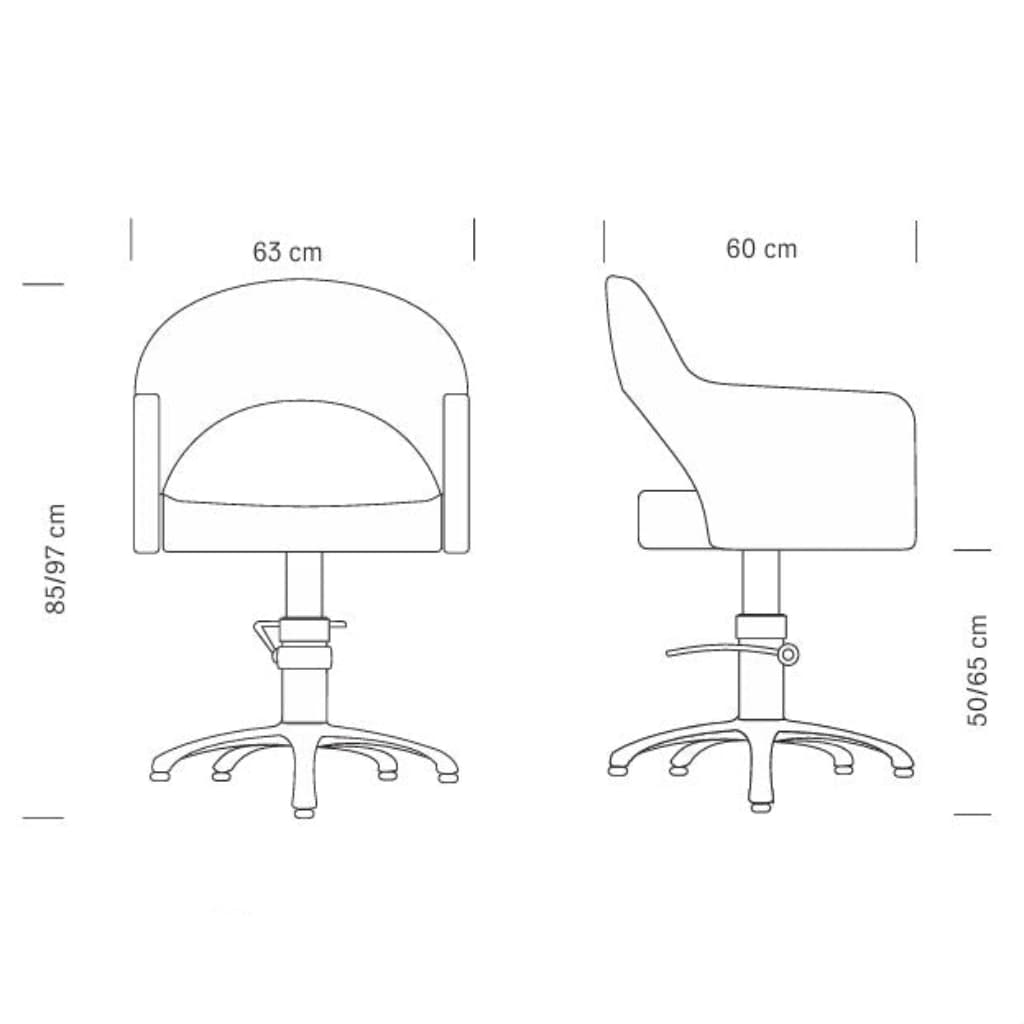 Maße des HAIR PARIS NOVEAU Friseursessels: 63 x 60 x 85/97 h cm

