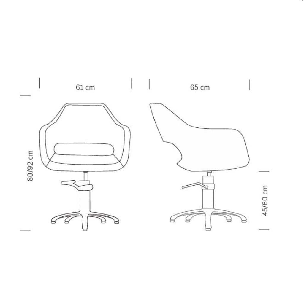 Maße des HAIR REGENCY Friseursessels: 61 x 65 x 80/92 h cm (max)

