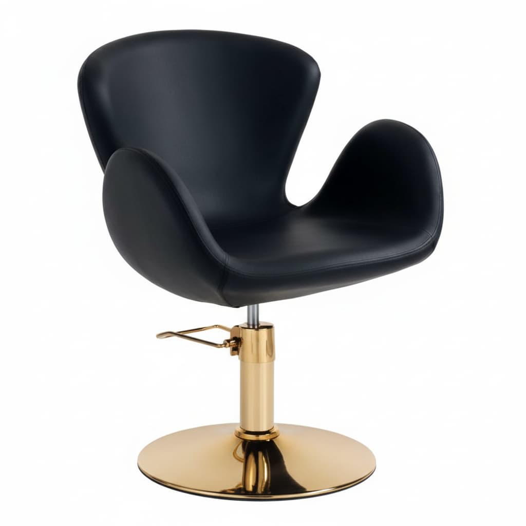 GOLD HAIR CHARLOTTE Friseursessel mit Design, das Kundenkomfort sichert, Gold-Chromrahmen und schwarzem Sky Eco-Leder

