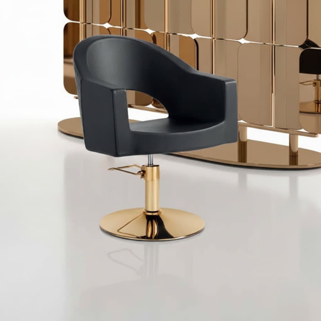 GOLD HAIR PARIS NOVEAU Friseursessel mit komfortablem Design, Gold-Chromrahmen und schwarzem Eco-Leder

