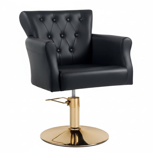 GOLD HAIRTHRONE Friseursessel mit Gold-Chromrahmen und schwarzem Eco-Leder (Frontansicht)
