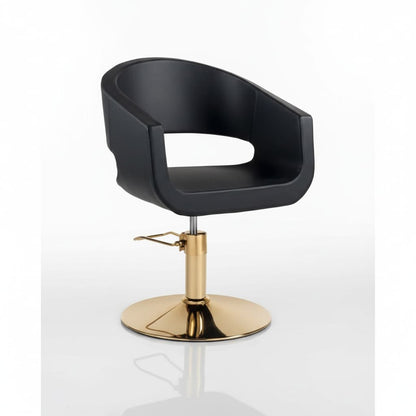 GOLD HAIR STYLO Friseursessel: Schwarzes Luxus-Kunstleder, komfortables Design & runde Gold-Basis (Frontansicht)
