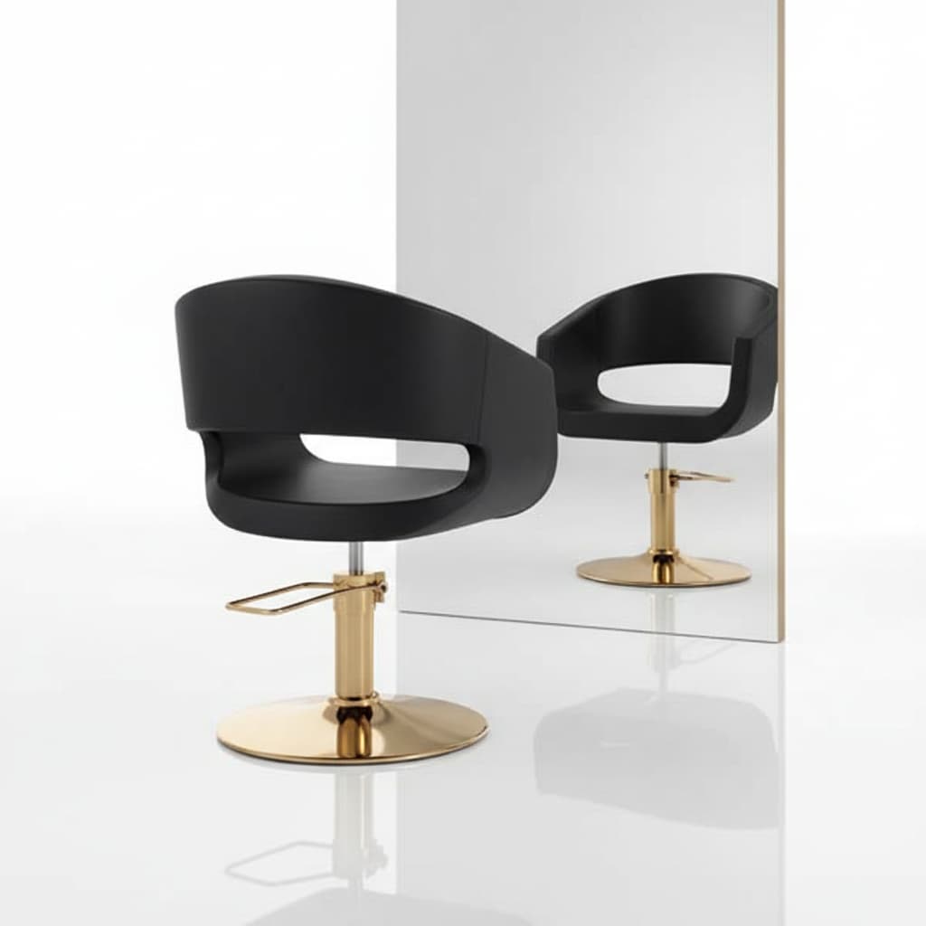 GOLD HAIR STYLO Friseursessel: Schwarzes Luxus-Kunstleder, komfortables Design & runde Gold-Basis (Rückansicht)
