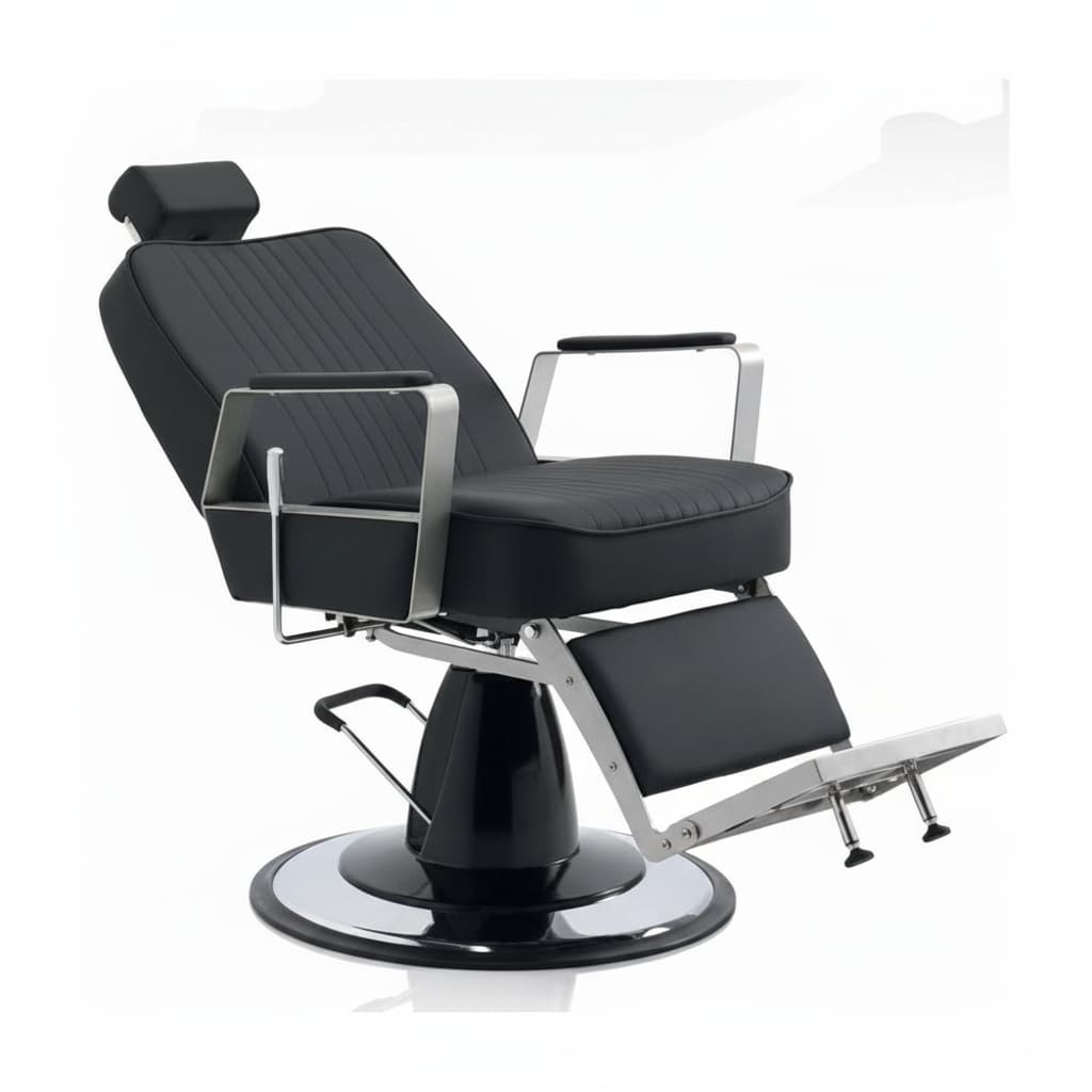 HAIR GRAFFITI Barbersessel: Luxuriöse Kunstlederpolsterung, Kopf- und Rückenlehne, Armlehnen und Fußstütze auf Runder Basis (Seitenansicht)
