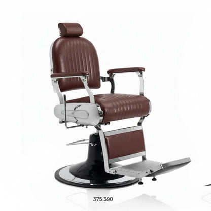 HAIR CUSTOM Barbersessel mit luxuriöser Kunstlederpolsterung, Kopfstütze, Rückenlehne, Armlehnen und Fußstütze auf Runder Basis in Braun
