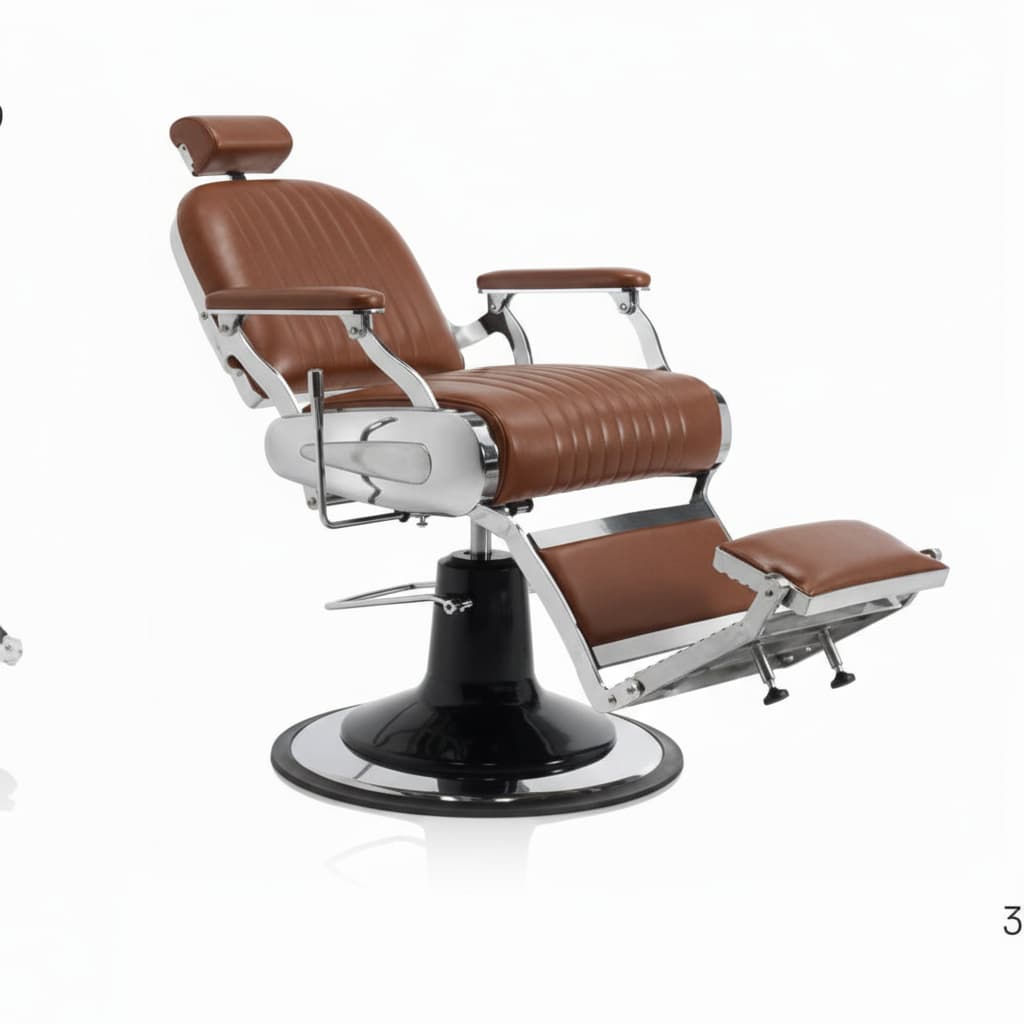 HAIR CUSTOM Barbersessel mit luxuriöser Kunstlederpolsterung, Kopfstütze, Rückenlehne, Armlehnen und Fußstütze auf Runder Basis in Braun (Frontansicht)
