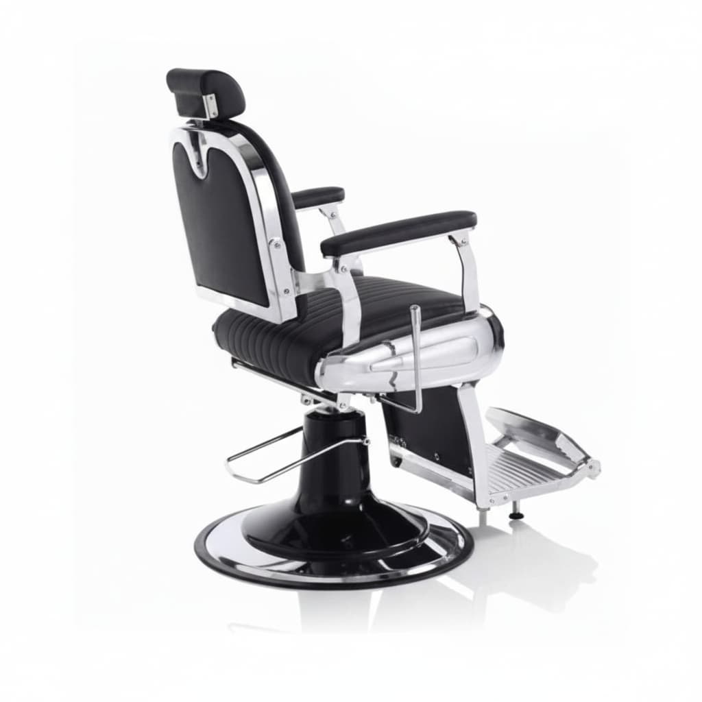 HAIR CUSTOM Barbersessel mit luxuriöser Kunstlederpolsterung, Kopfstütze, Rückenlehne, Armlehnen und Fußstütze auf Runder Basis in Schwarz (Rückansicht)
