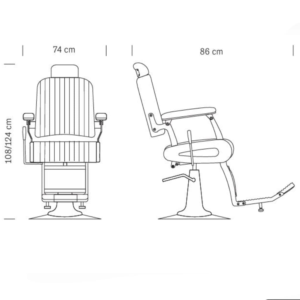Maße des HAIR CUSTOM Barbersessels: 68 x 112 x 108/124 h cm
