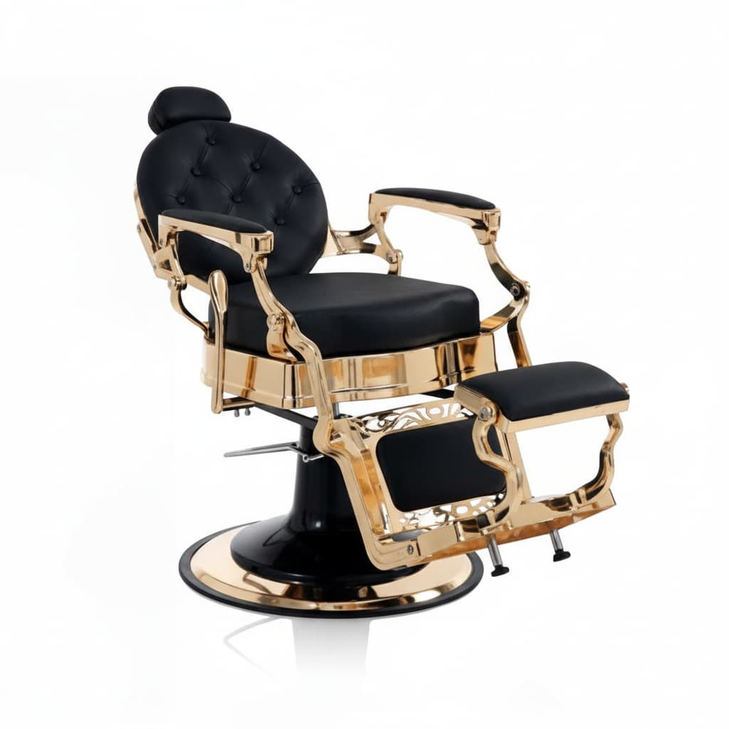 HAIR CUSTOM Barbersessel: Luxuriöse Kunstlederpolsterung, Rückenlehne, Kopfstütze, Armlehnen & Fußstütze auf Runder Basis (Neigbare Rückenlehne & Goldrahmen)
