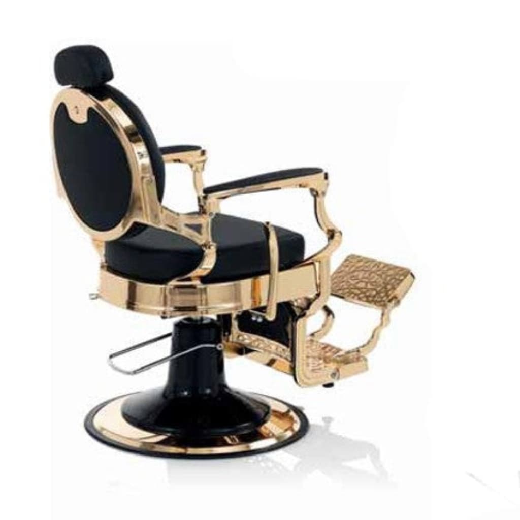 HAIR CUSTOM Barbersessel: Luxuriöse Kunstlederpolsterung, Rückenlehne, Kopfstütze, Armlehnen & Fußstütze auf Runder Basis (Rückansicht)

