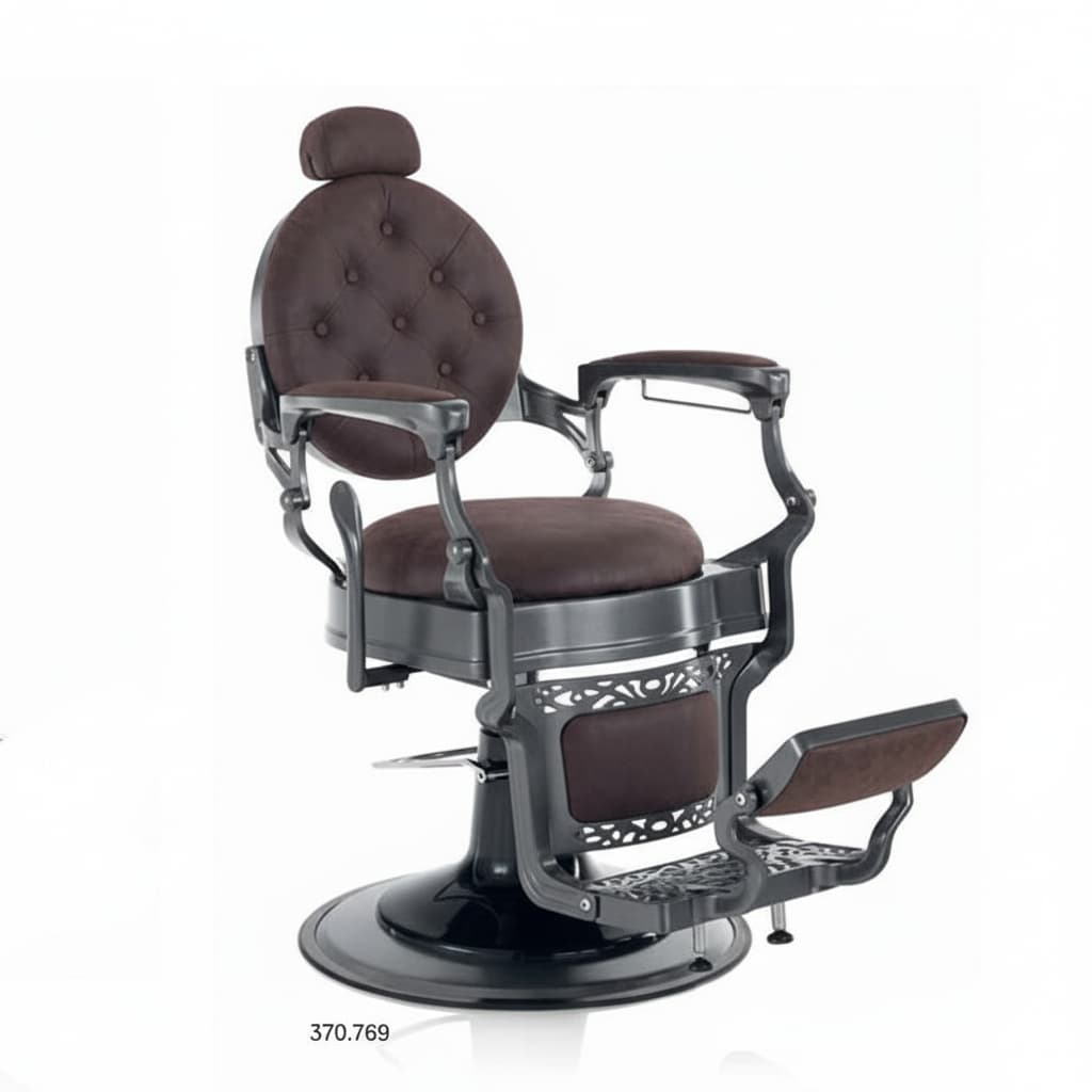 Klassisches Modell HAIR CUSTOM ROADSTER Barbersessel mit luxuriöser Kunstlederpolsterung, Rückenlehne, Kopfstütze, Armlehnen und Fußstütze in Braun
