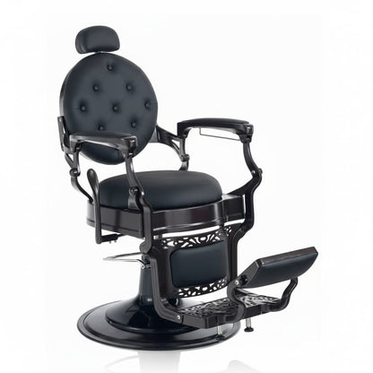 Klassisches Modell HAIR CUSTOM ROADSTER Barbersessel mit luxuriöser Kunstlederpolsterung, Rückenlehne, Kopfstütze, Armlehnen und Fußstütze in Schwarz
