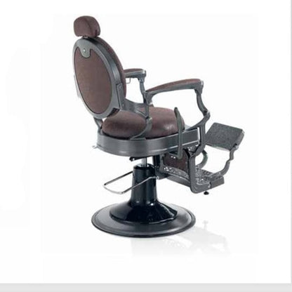 Klassisches Modell HAIR CUSTOM ROADSTER Barbersessel mit luxuriöser Kunstlederpolsterung, Rückenlehne, Kopfstütze, Armlehnen und Fußstütze in Braun (Rückansicht)
