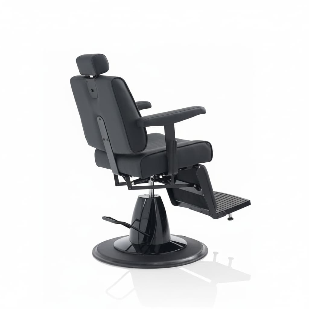 DOWN TOWN Barbersessel mit schwarzer Premium Kunstlederpolsterung und Runder Basis (Rückansicht)
