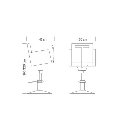 Maße des HAIR JUNIOR Kinderfriseursessels: Höhenverstellbar 105-120 cm, Platzsparend 50 x 45 cm
