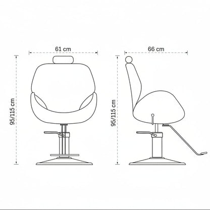 Maße des LUMIA Unisex Friseursessels: 61 x 66 x 95/115 h cm
