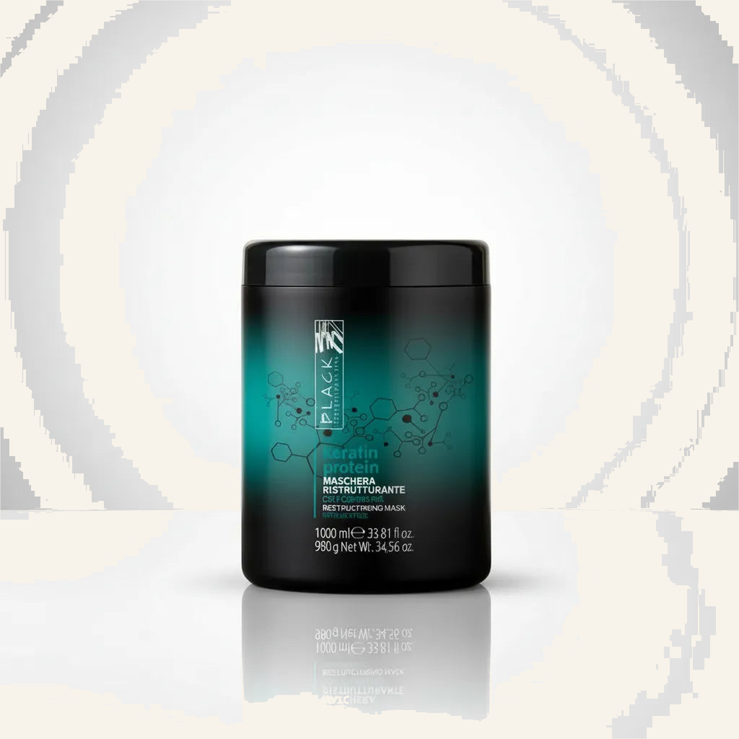 Black Professional Keratin Aufbaumaske 1000ml - Produktfoto auf beigem Hintergrund