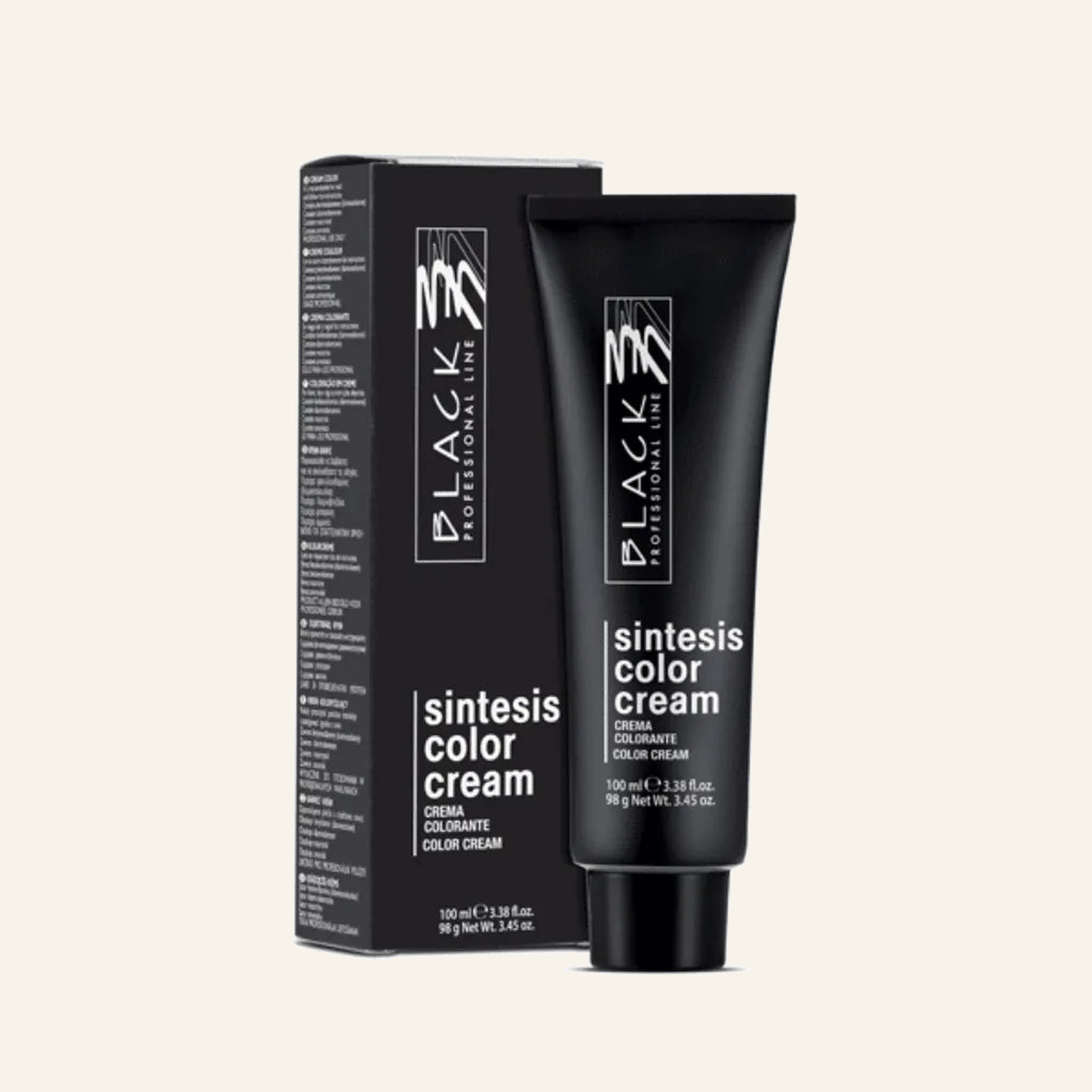 Black Professional Sintesis Color Cream Permanent 100ml - Produktfoto auf beigem Hintergrund