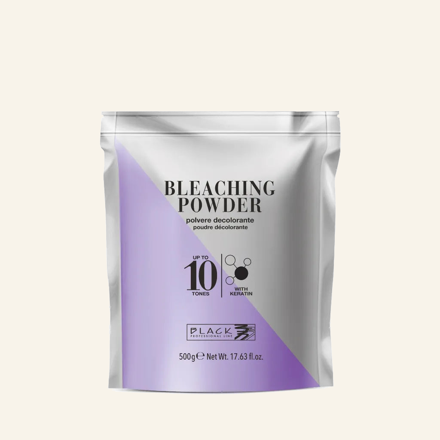 Blondierungspulver 10 Töne Keratin-Formel & Aufhellung Profi - Produktfoto auf beigem Hintergrund