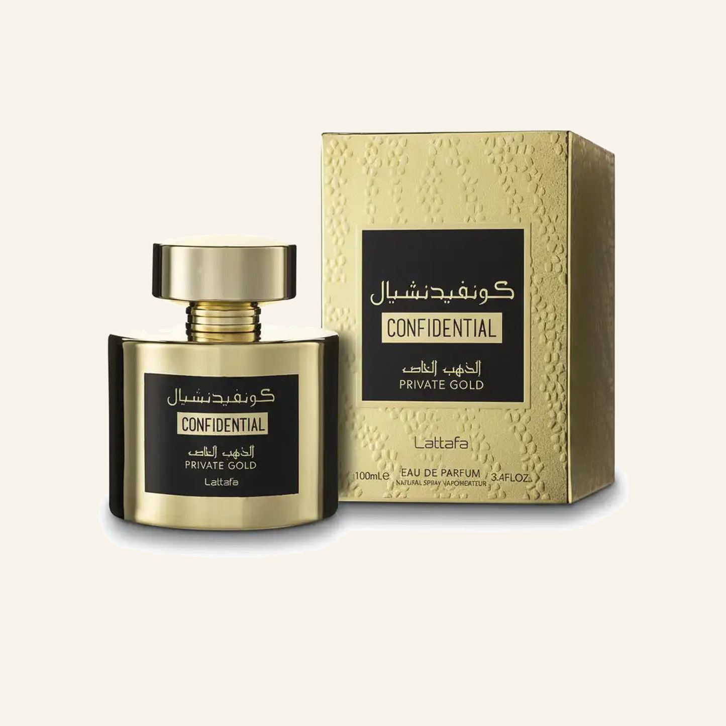 Confidential Private Gold – Unisex Eau de Parfum (100 ml) - Produktfoto auf beigem Hintergrund