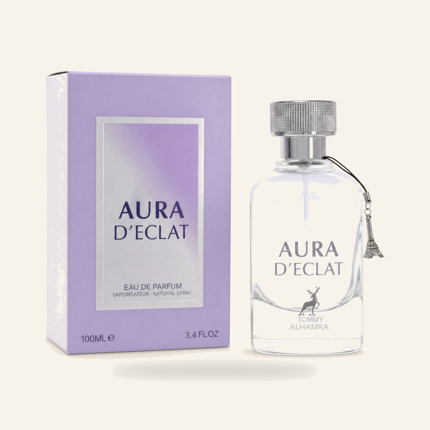 Maison Alhambra AURA D'ÉCLAT – Eau de Parfum (100 ml) - Produktfoto auf beigem Hintergrund
