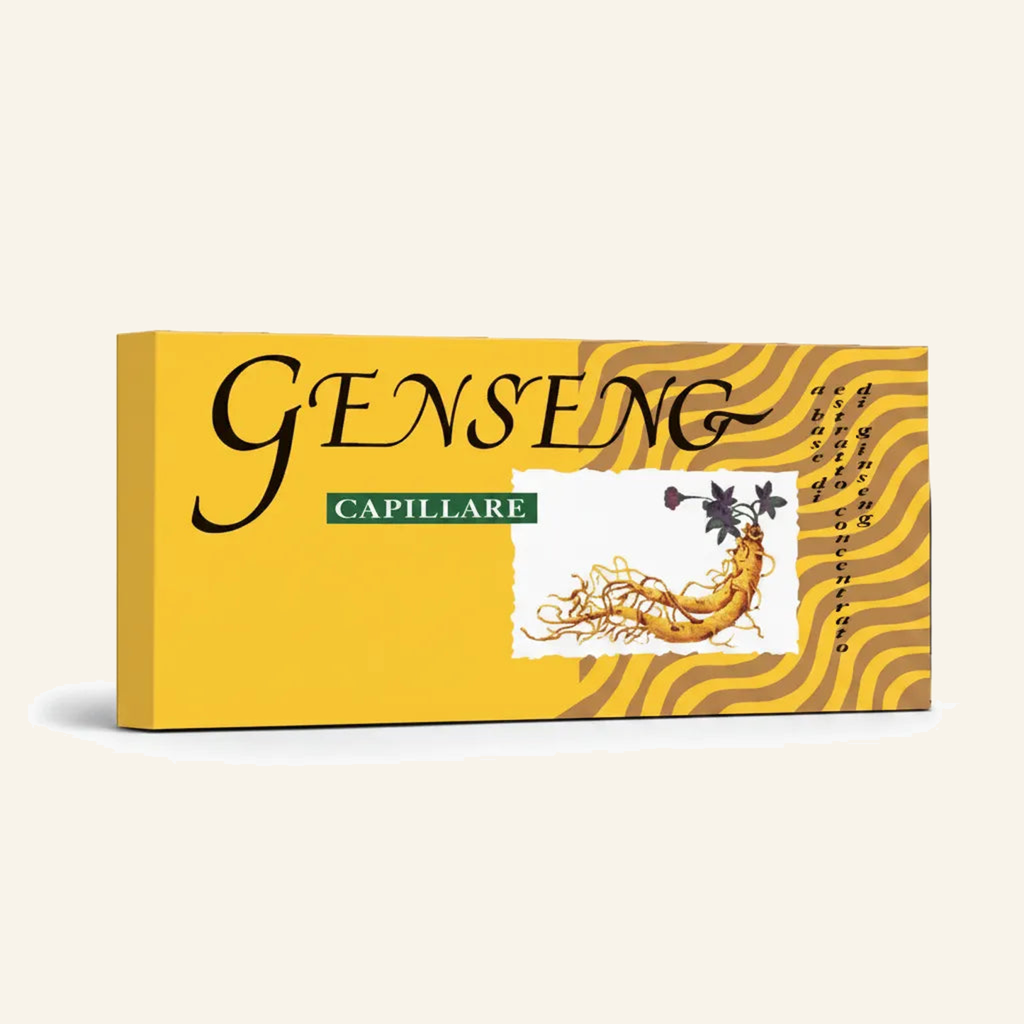Ginseng Haar-Ampullen & Vitalität für trockenes lebloses Haar - Produktfoto auf beigem Hintergrund