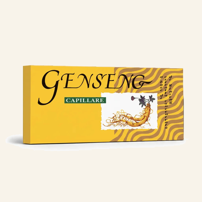 Ginseng Haar-Ampullen & Vitalität für trockenes lebloses Haar - Produktfoto auf beigem Hintergrund
