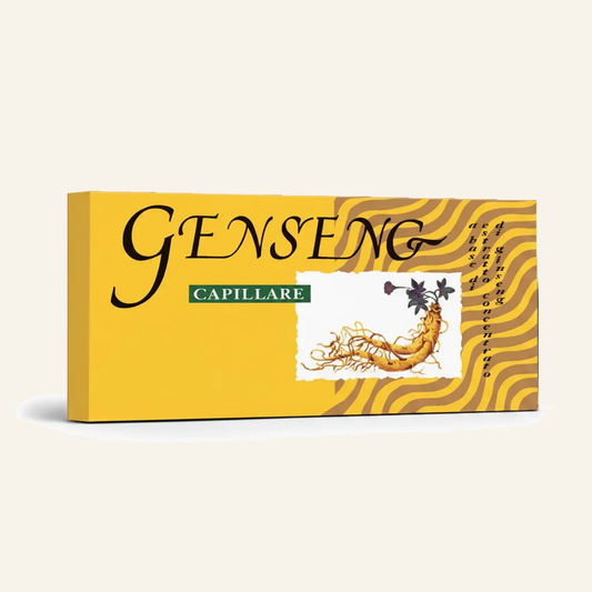 Ginseng Haar-Ampullen & Vitalität für trockenes lebloses Haar - Produktfoto auf beigem Hintergrund
