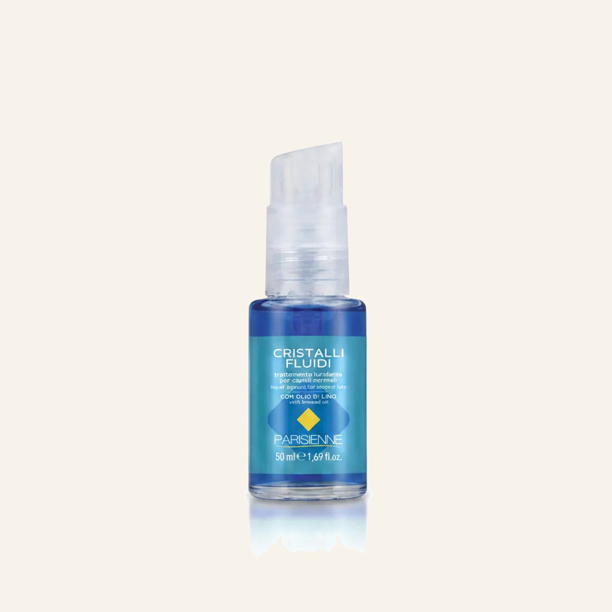 Haarglanz & Leinöl Schutz Blue Liquid Crystals Normales Haar - Produktfoto auf beigem Hintergrund