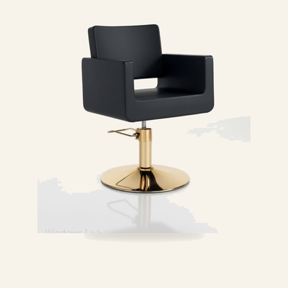 GOLD HAIR KING Friseurstuhl Gold Chrom Eco-Leder - Produktfoto auf beigem Hintergrund
