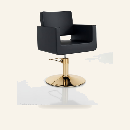 GOLD HAIR KING Friseurstuhl Gold Chrom Eco-Leder - Produktfoto auf beigem Hintergrund