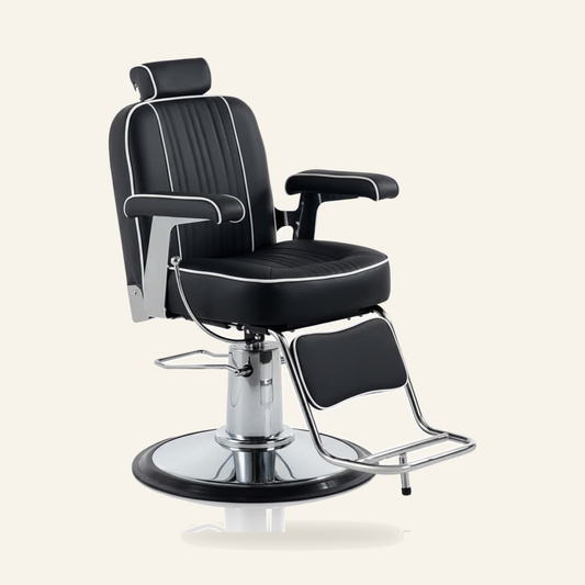 HAIR MALAGA Barberstuhl Eco-Leder Chrom Stahl - Produktfoto auf beigem Hintergrund