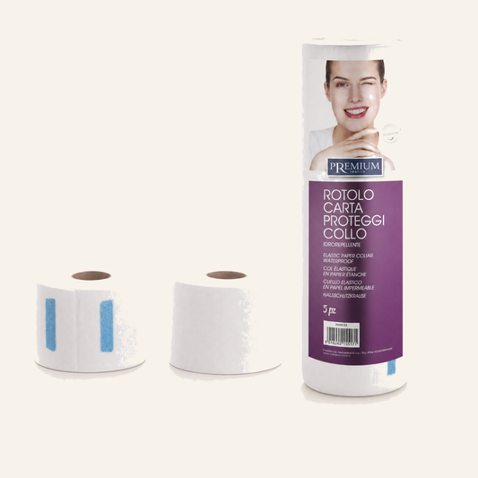 Halskrause Nackenschutzpapier Abreißstreifen 500 Stk Salon - Produktfoto auf beigem Hintergrund
