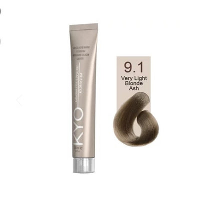 KYO Color Permanente Haarfarbe 100ml Ammoniakfrei Keratin – Farbton 9.1 Very Light Blonde Ash