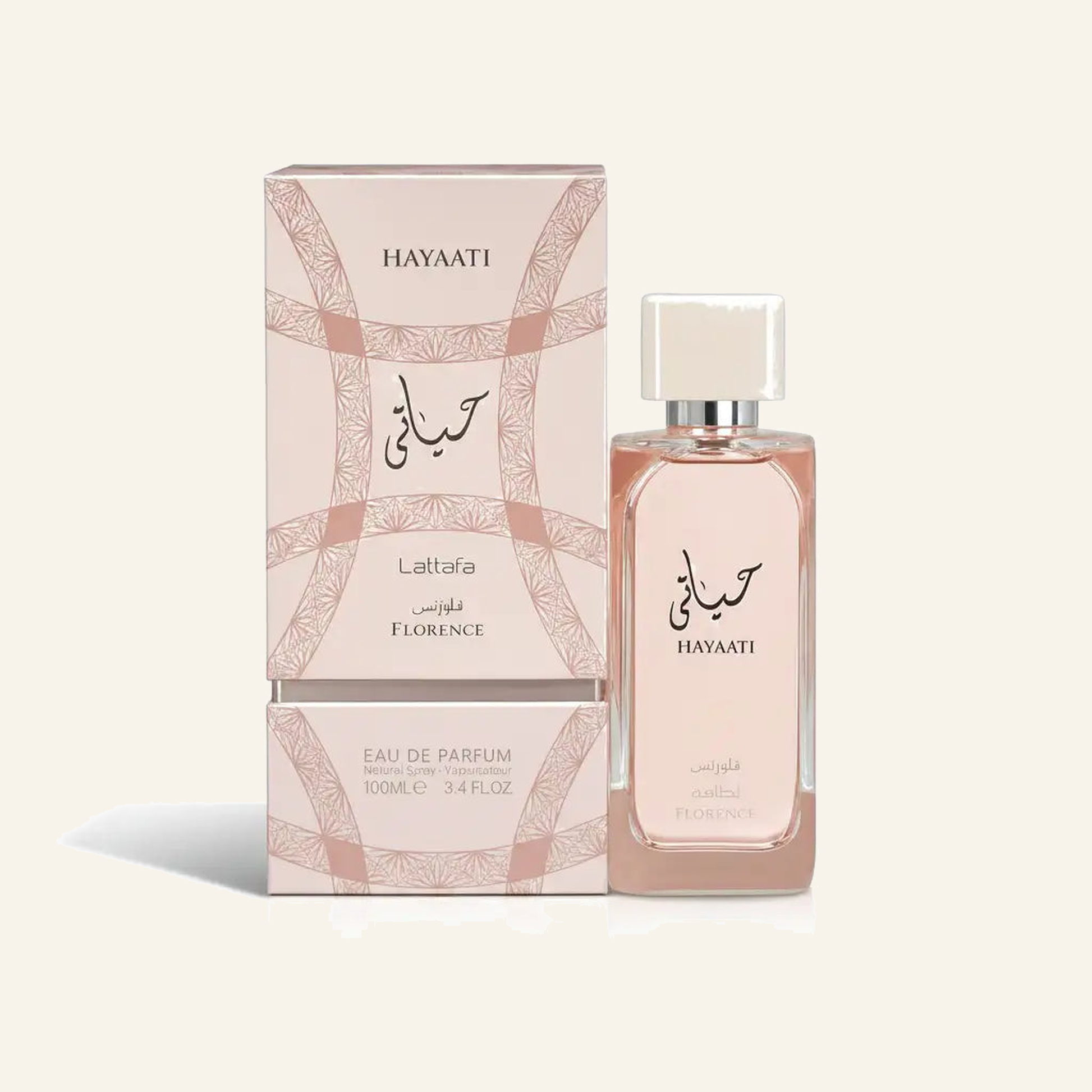 Lattafa/Hayaati Florence EDP 100ml - Produktfoto auf beigem Hintergrund