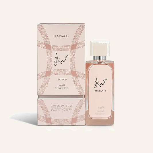Lattafa/Hayaati Florence EDP 100ml - Produktfoto auf beigem Hintergrund