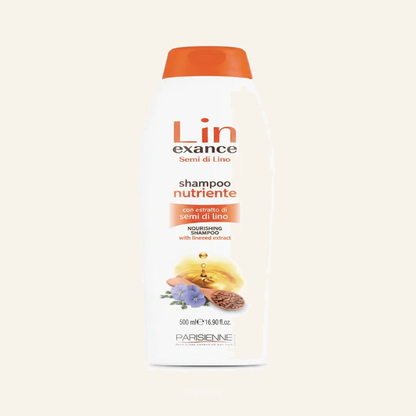 Shampoo mit Leinsamen-extrakt - Produktfoto auf beigem Hintergrund