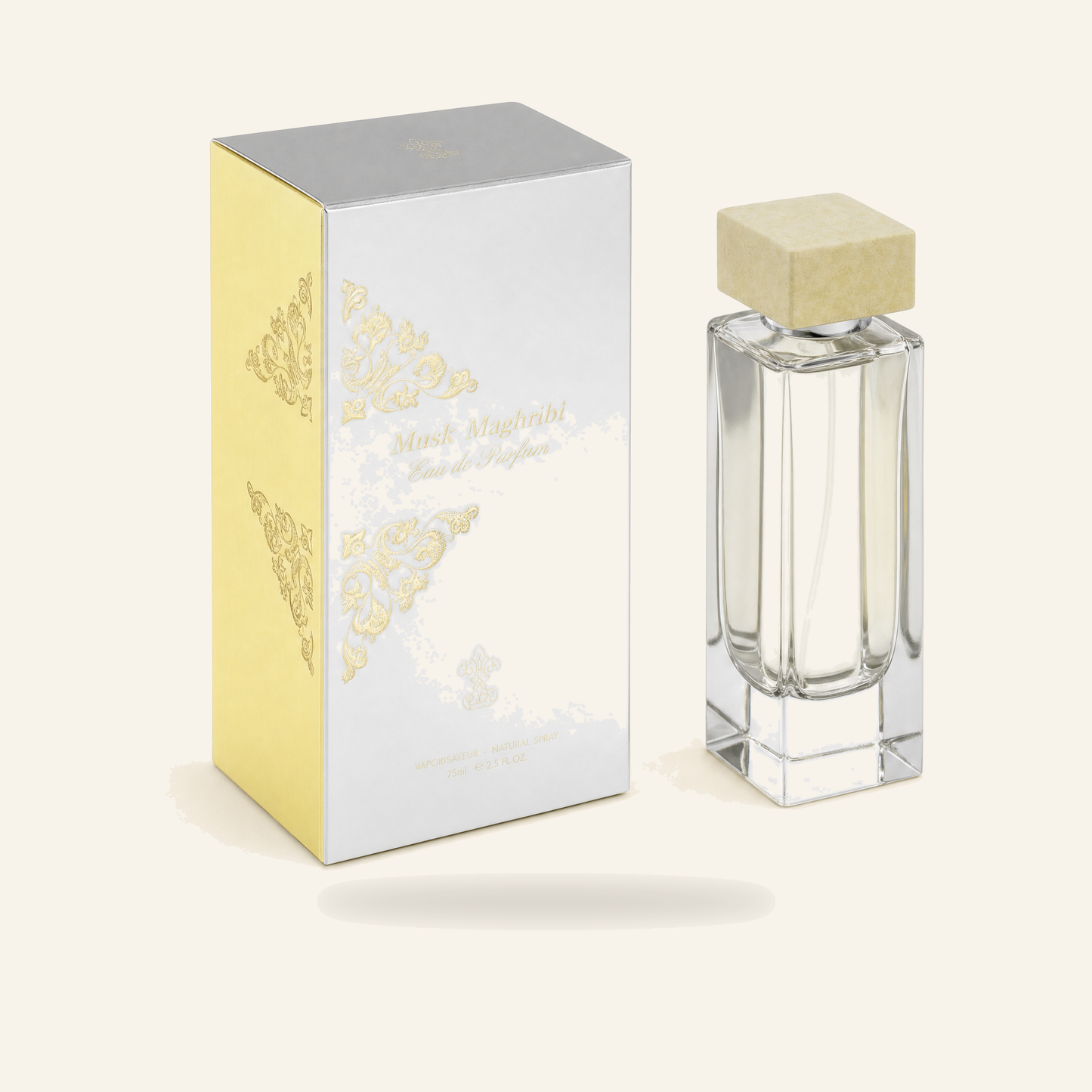 Musk Maghribi – Unisex Eau de Parfum (75 ml) - Produktfoto auf beigem Hintergrund
