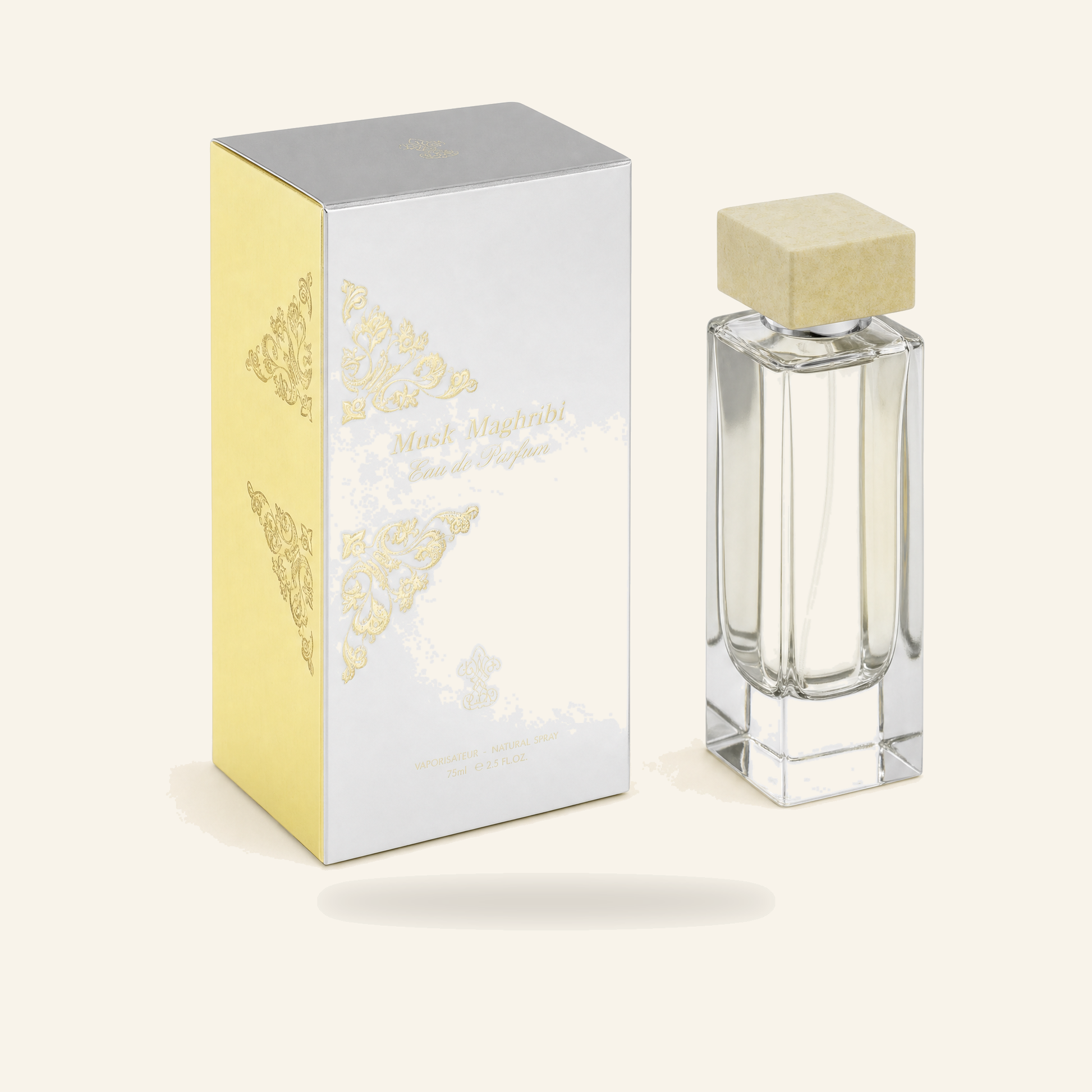 Musk Maghribi – Unisex Eau de Parfum (75 ml) - Produktfoto auf beigem Hintergrund