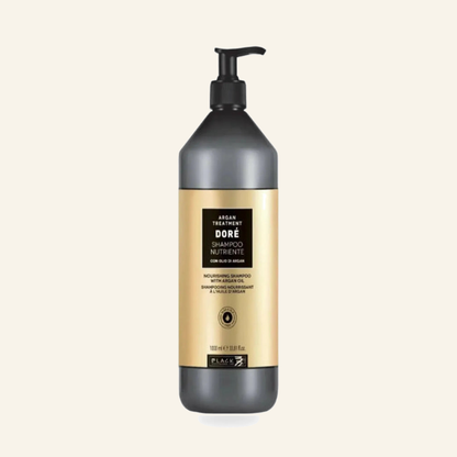 Nährendes Shampoo Trockenes Haar Arganöl SLS-frei 1000ml - Produktfoto auf beigem Hintergrund