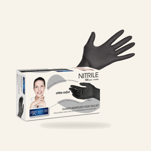 Nitrilhandschuhe Schwarz Puderfrei Einweg 100 Stück S M L - Produktfoto auf beigem Hintergrund